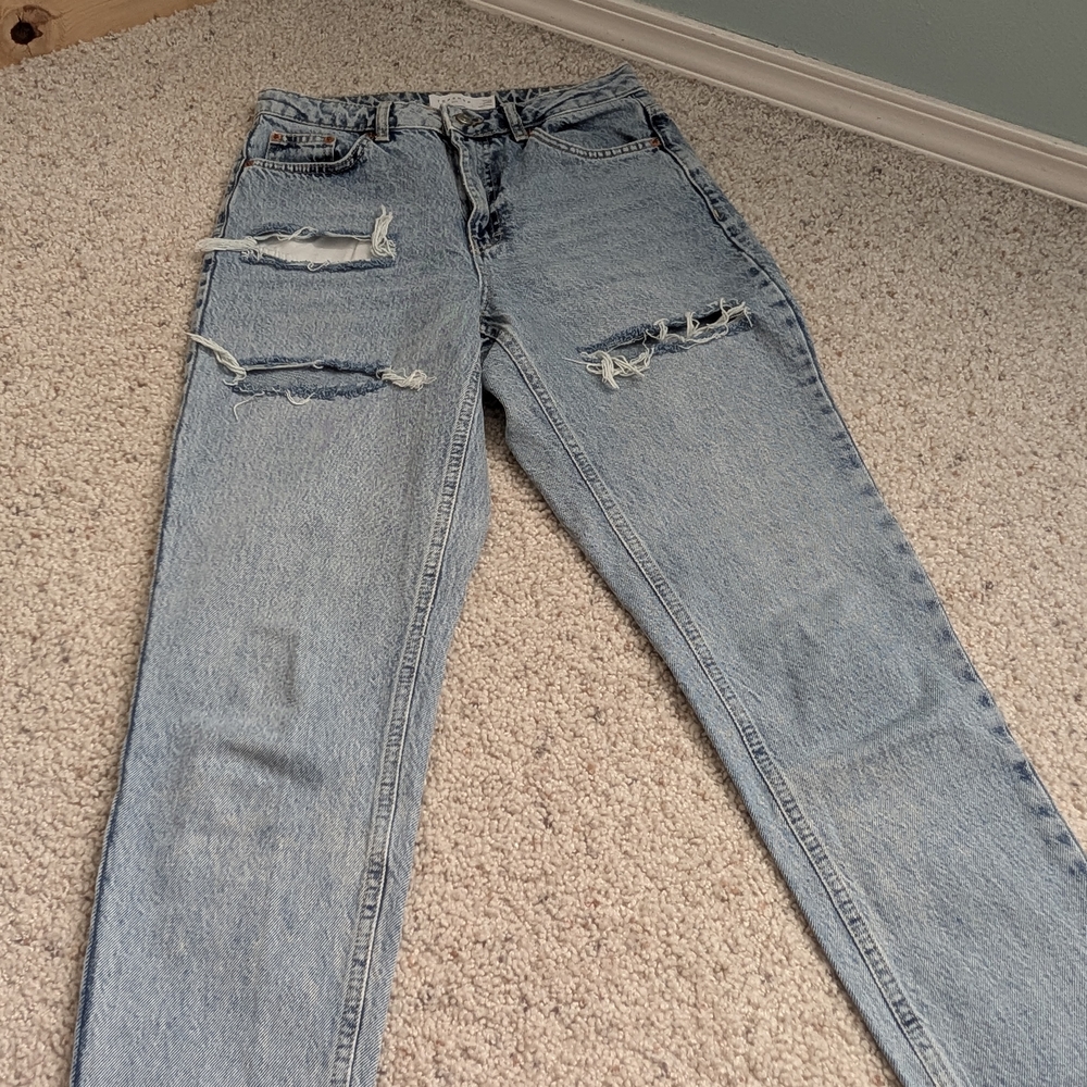 Topshop Distressed Light Blue Straight Leg Jeans
